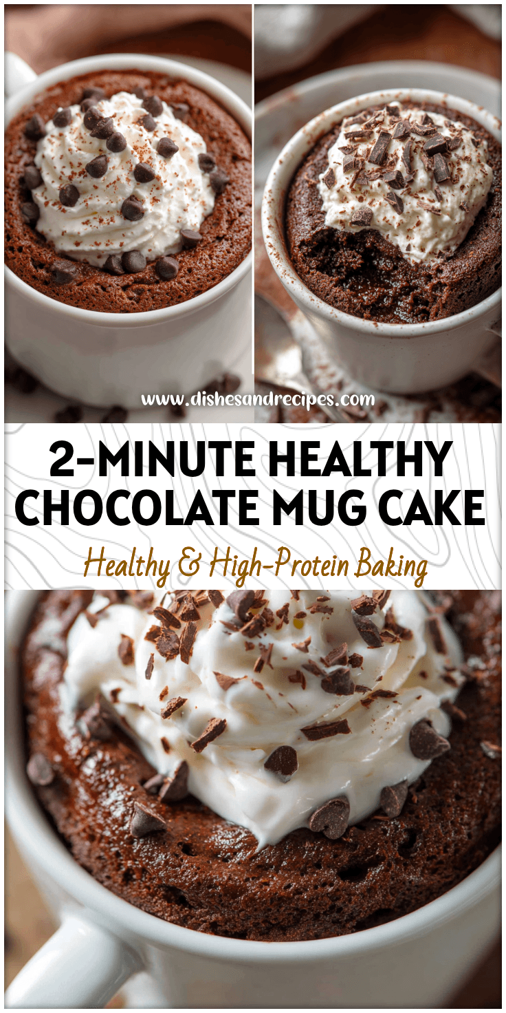 A fluffy chocolate protein mug cake in a white mug topped with light frosting showing a healthy microwave dessert in a mug.